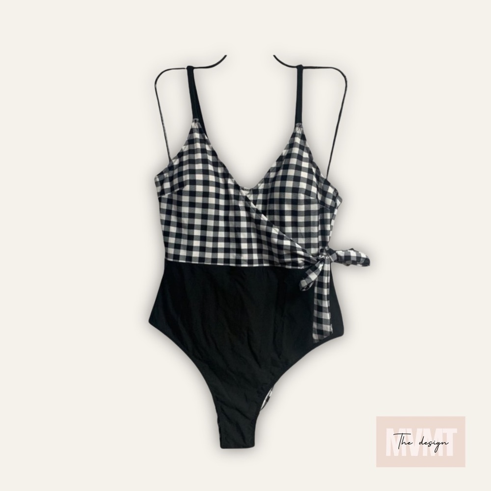 Black White Gingham Wrap One Piece Swimsuit Women’s L XL Side Tie